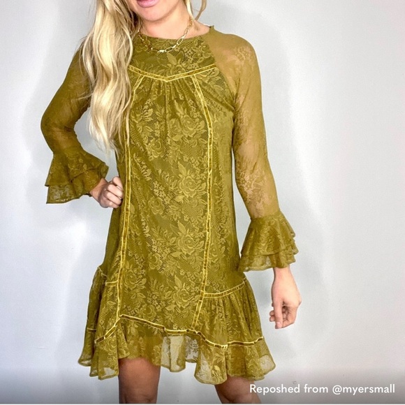 Mia Joy Mustard Lace Boho Mini Bell Sleeve Dress XS (See 📏) - Picture 13 of 14
